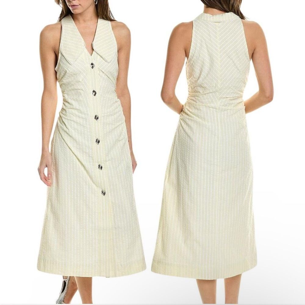 Ganni Seersucker Stripe Midi Dress Stripe Flan Size 14 Yellow